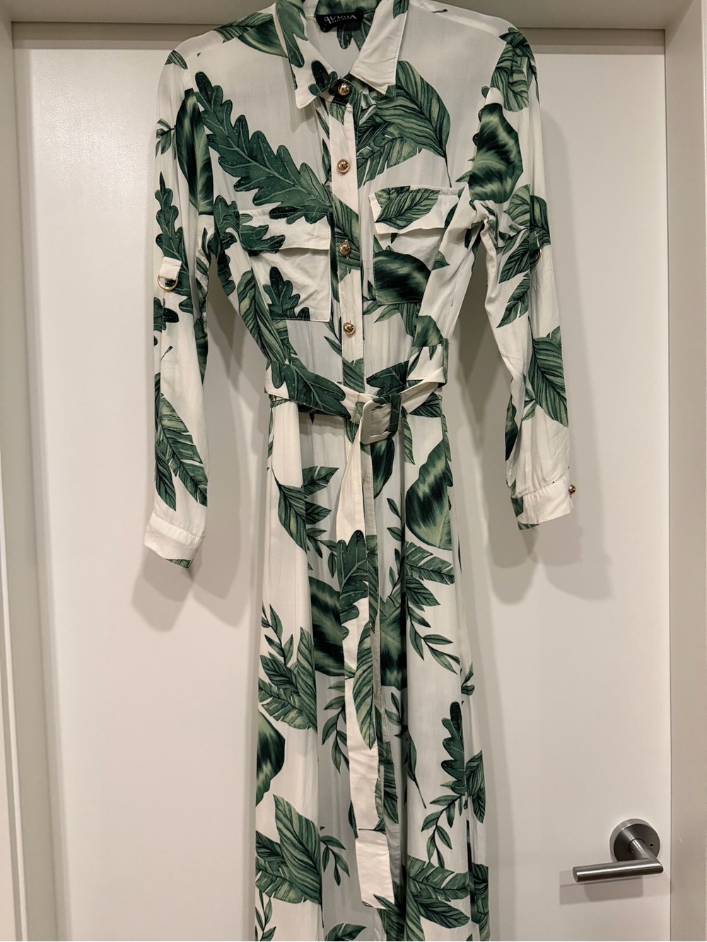 Leaf-Print White & Green Maxi Shirtdress with Belt